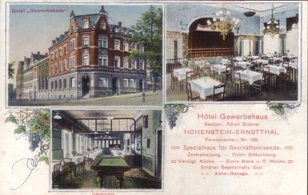 1910, Hotel Gewerbehaus, Besitzer: Alfred Grabner, Hohenstein-Ernstthal, Fernsprecher: Nr. 135. 