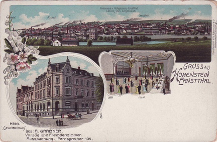 1905, Gruss aus Hohenstein-Ernstthal, Hotel "Gewerbehaus", Bes: A. Grabner, Vorzügliche Fremdenzimmer, Ausspannung, Fernsprecher 135