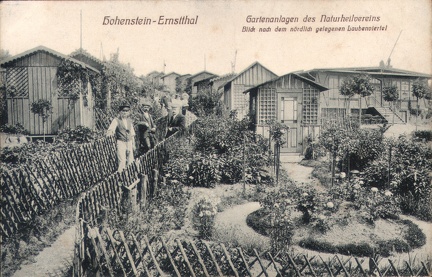 1910, Hohenstein-Ernstthal, Gartenanlagen des Naturheilvereins, Blick nach dem nördlich gelegenenem Laubenviertel