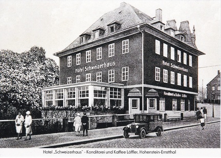 Reproduktion einer alten Ansichtskarte, Hotel "Schweizerhaus" - Konditorei und Kaffee Löffler, Hohenstein-Ernstthal
