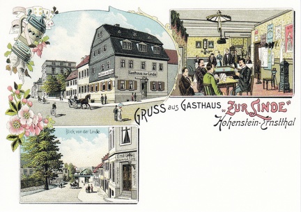 Reproduktion einer alten Ansichtskarte, Gruss aus Gasthaus "Zur Linde" Hohenstein-Ernstthal