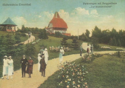 Reproduktion einer Ansichtskarte von 1925, Hohenstein-Ernstthal, Parkanlagen mit Berggasthaus "Zur Bismarckhöhe"