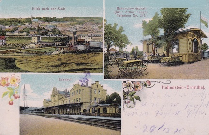 1908, Hohenstein-Ernstthal, Blick nach der Stadt, Bahnhofswirtschaft (Inh.: Arthur Lange) Telephon No. 234, Bahnhof