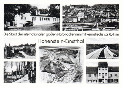 Reproduktion einer alten Ansichtskarte, Die Stadt der internationalen großen Motorradrennen mit Rennstrecke ca. 8,4km, Hohenstein-Ernstthal