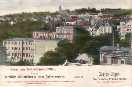 1902, Gruss aus Hohenstein-Ernstthal sowie herzliche Glückwünsche zum Jahreswechsel sendet Gustav Illgen  Mechanische Plüschweberei
