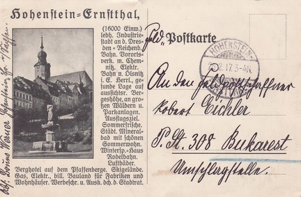 1917, Hohenstein-Ernstthal (16000 Einw) lebh. Industriestadt an d. Dresden-Reichenbach-Bahn. Vorortsverk. m. Chemnitz. Elektr. Bahn n. Ölsnitz i. E. Herrl. gesunde Lage auf aussichtsr. Bergeshöhe, an großen Wäldern u. Parkanlagen. Ausflugsziel. Sommerfris