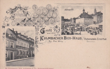 1910, Gruss aus dem Kulmbacher-Bier-Haus Hohenstein-Ernstthal, Bes. Paul Uhlig, Schulstrasse